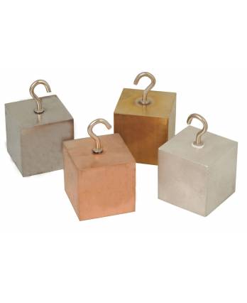 Density Cubes, Set of 4 Metals with Hooks, 1.26" (32mm) sides - Aluminum, Brass, Copper, Steel - For use with Density, Specific Gravity, Specific Heat Activities - Eisco Labs